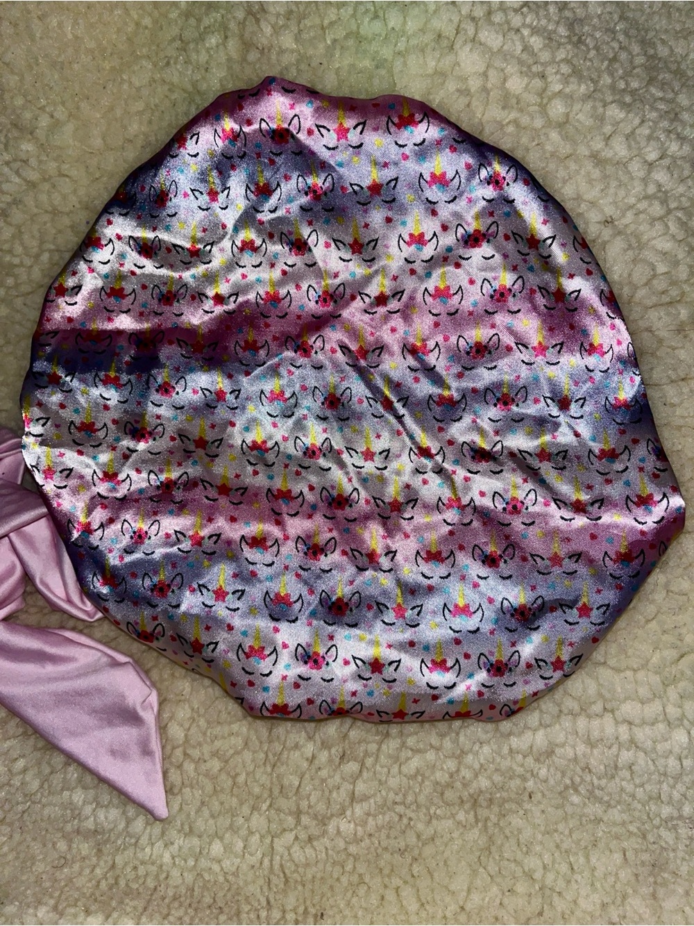 Pink Unicorn Satin Sleep Bonnet with Long Adjustable Tie Straps